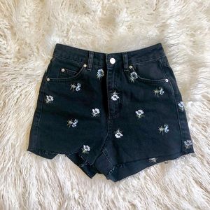 Topshop Embroidered Black Denim Shorts